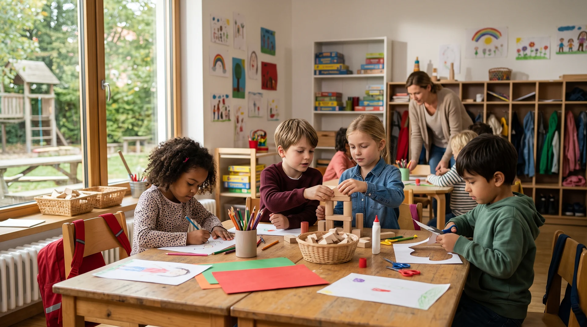 Kinder lernen und basteln gemeinsam in einer hellen Betreuungseinrichtung – KI-generiertes Symbolbild